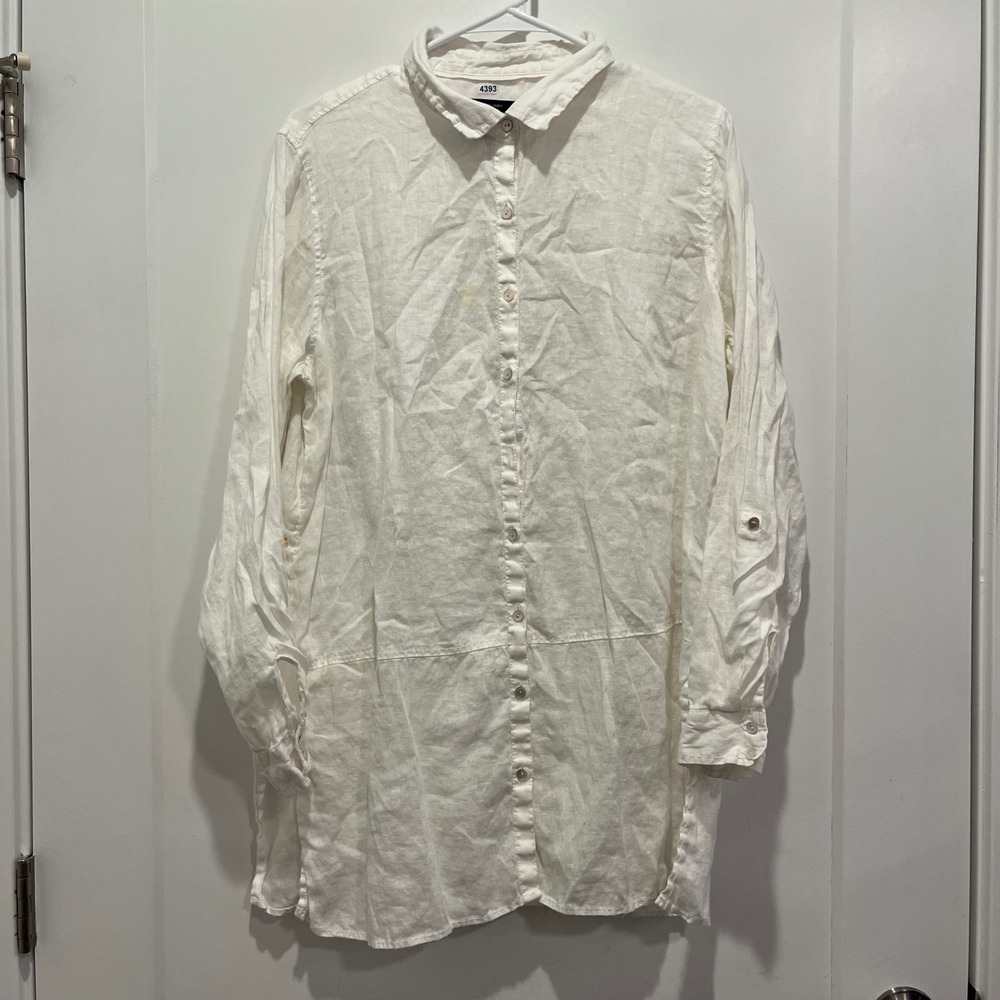 Tahari Womens White 100% Linen Roll Tab Long Sleeve Button Down Tunic Shirt L